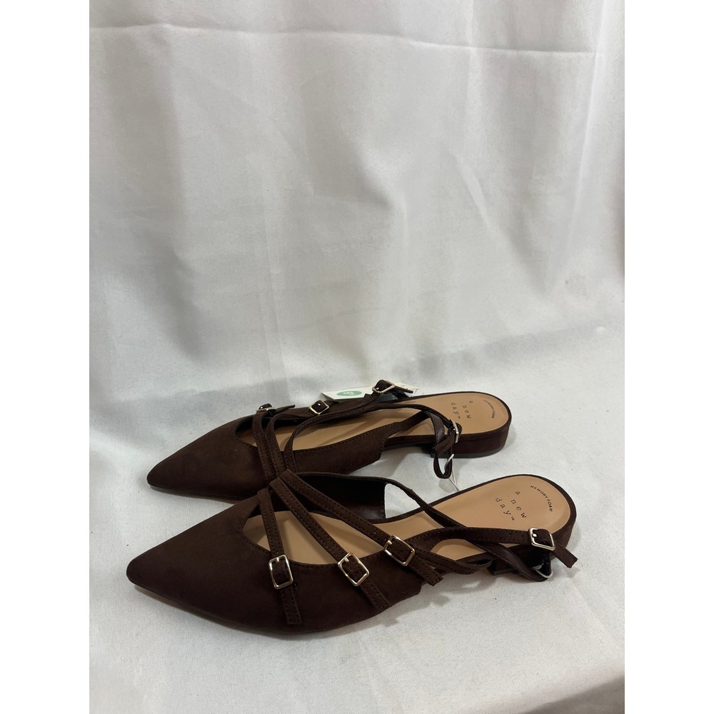 A New Day Womens Pointed Toe Slingback Flats Brown Faux Suede Buckle Straps 8.5